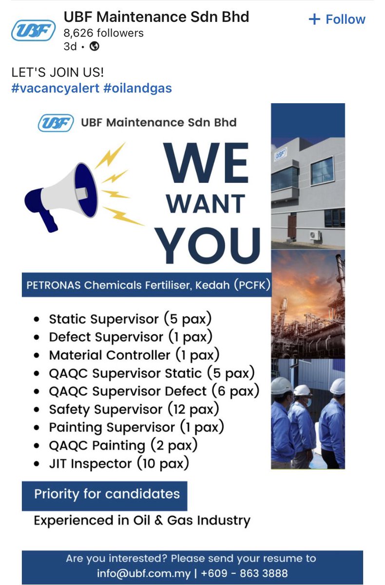 getmehired_io's tweet photo. ❕ UBF Maintenance is HIRING  ❕

📌 Various position

✅ Apply now: https://t.co/Xd5pOrL3IN https://t.co/kzwzajfJid