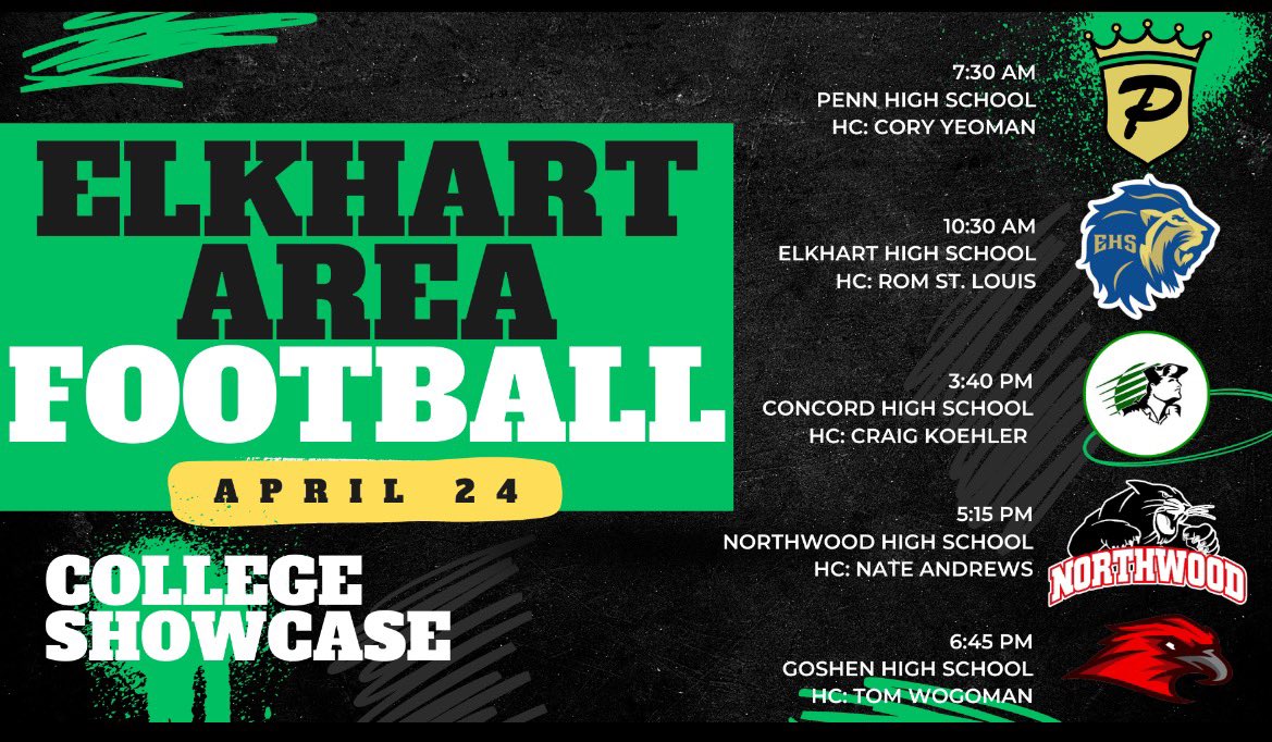 Looking forward to having our athletes evaluated by any college coach available. Graphic shows times for our specific schedule and other area schools involved. Elkhart area has some serious talent. Come check them out. 
#ElkhartMade