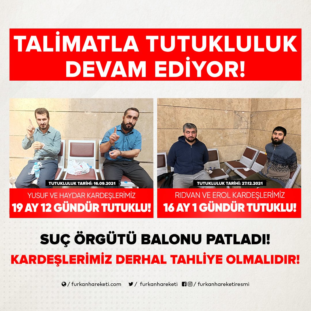 MedyaFurkan's tweet photo. 4 Furkan Hareketi Mensubunun Talimatlı Tutuklulukları Devam Ediyor!

Hocamız ve tüm kardeşlerimiz tahliye olana kadar bu zulmü duyurmaya ve mücadele etmeye devam edeceğiz.

#YargıEliyleZulüm
#FurkanaSistematikZulüm https://t.co/0Mfd1L9MwF