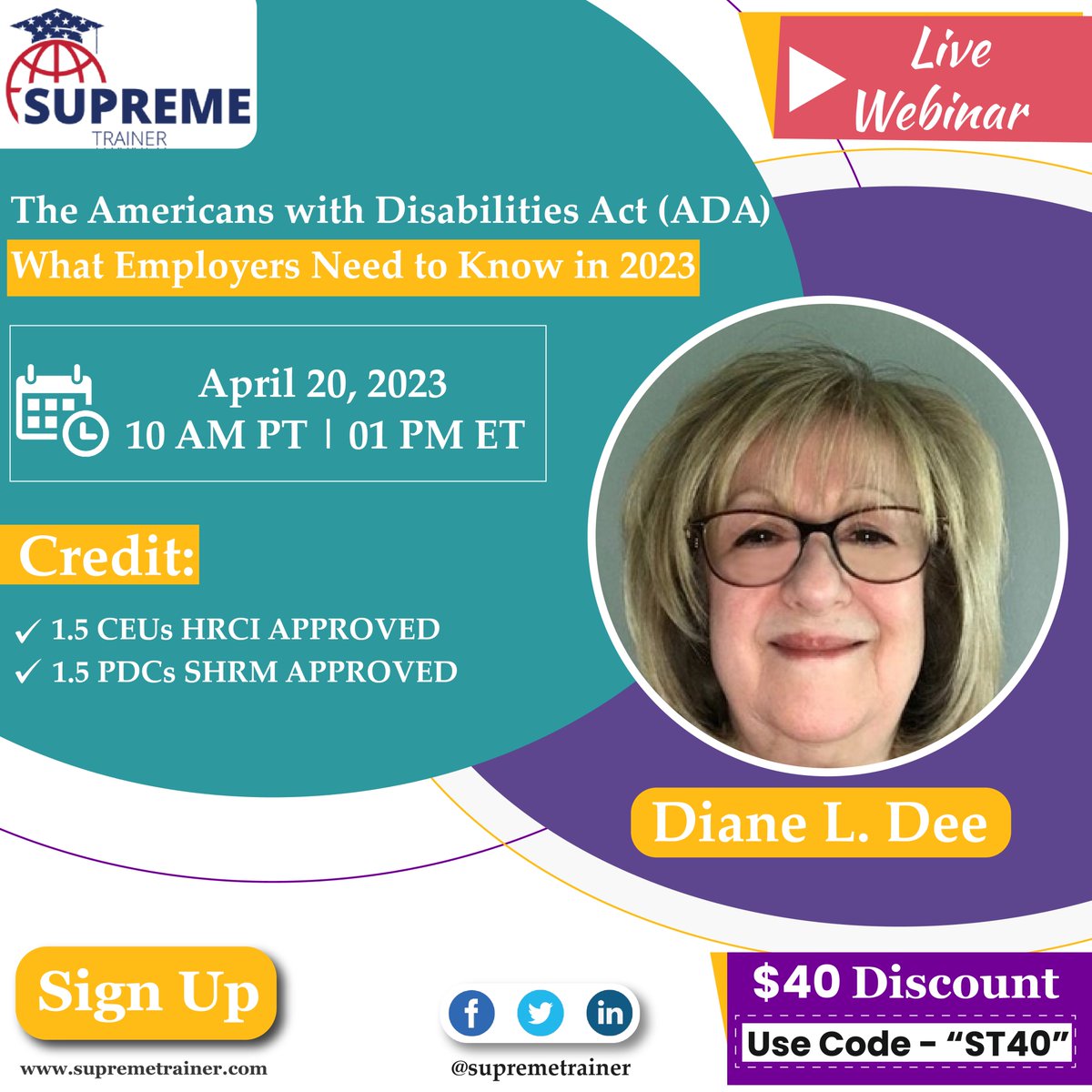 TrainerSupreme's tweet photo. Our live webinar titled 'The Americans with Disabilities Act (ADA): What Employers Need to Know in 2023' is going live today. Register using our code 'ST40' to get $40 off on this session.
Sign up here- https://t.co/F5L9lXtV5D

#emergencyalert #thursdaymorning #420day 
#ShibxSerp https://t.co/MtahmTe6Fh