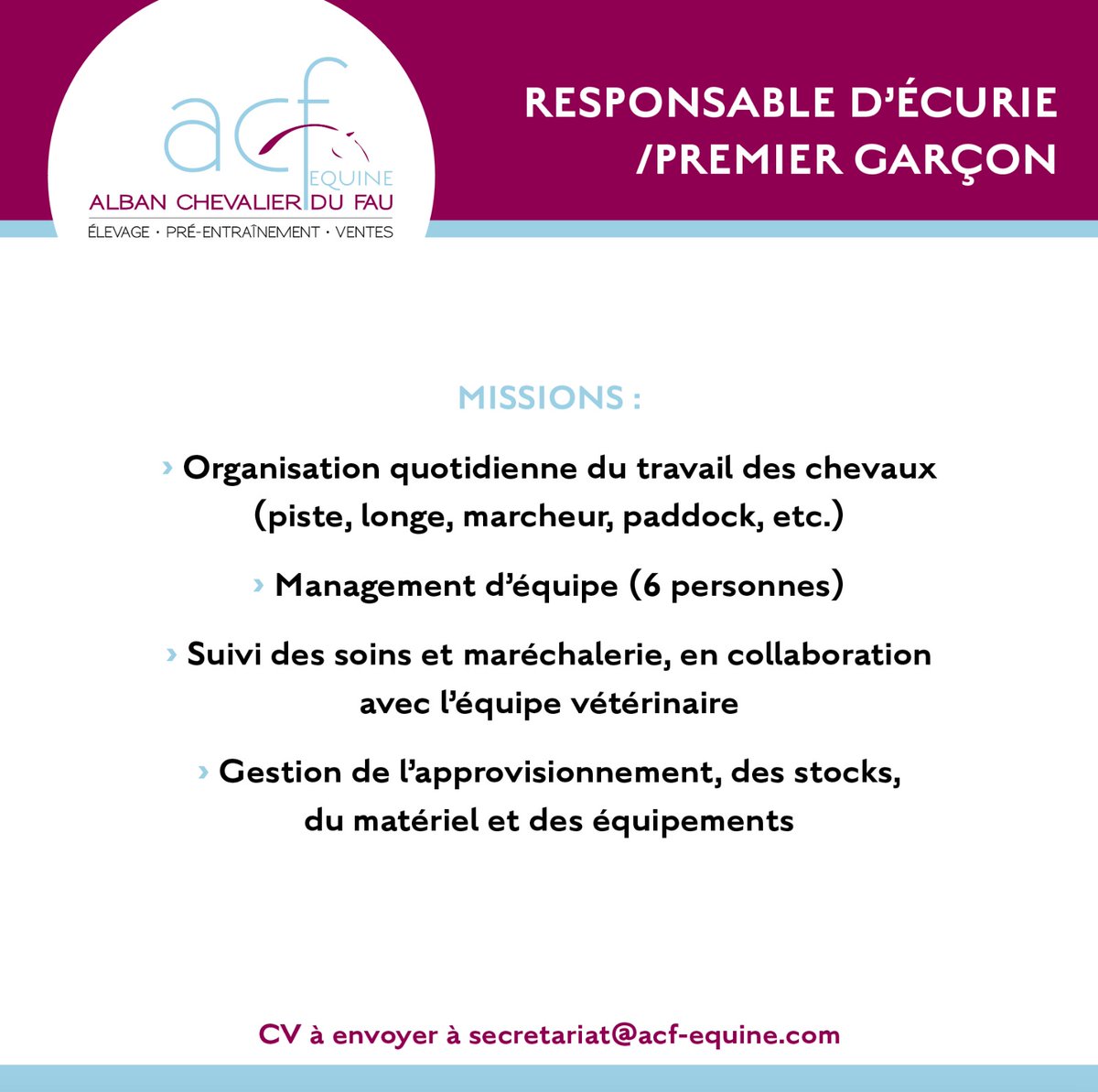 TCC_AcfEquine's tweet photo. [OFFRE D'EMPLOI] ✨ Centre privé de pré-entraînement familial localisé à 10min d'Angers, ACF Equine recherche son ou sa RESPONSABLE D'ECURIE.
Missions attractives et bonnes conditions de travail.  
📩 CV à envoyer à secretariat@acf-equine.com https://t.co/QuN5dslTcv