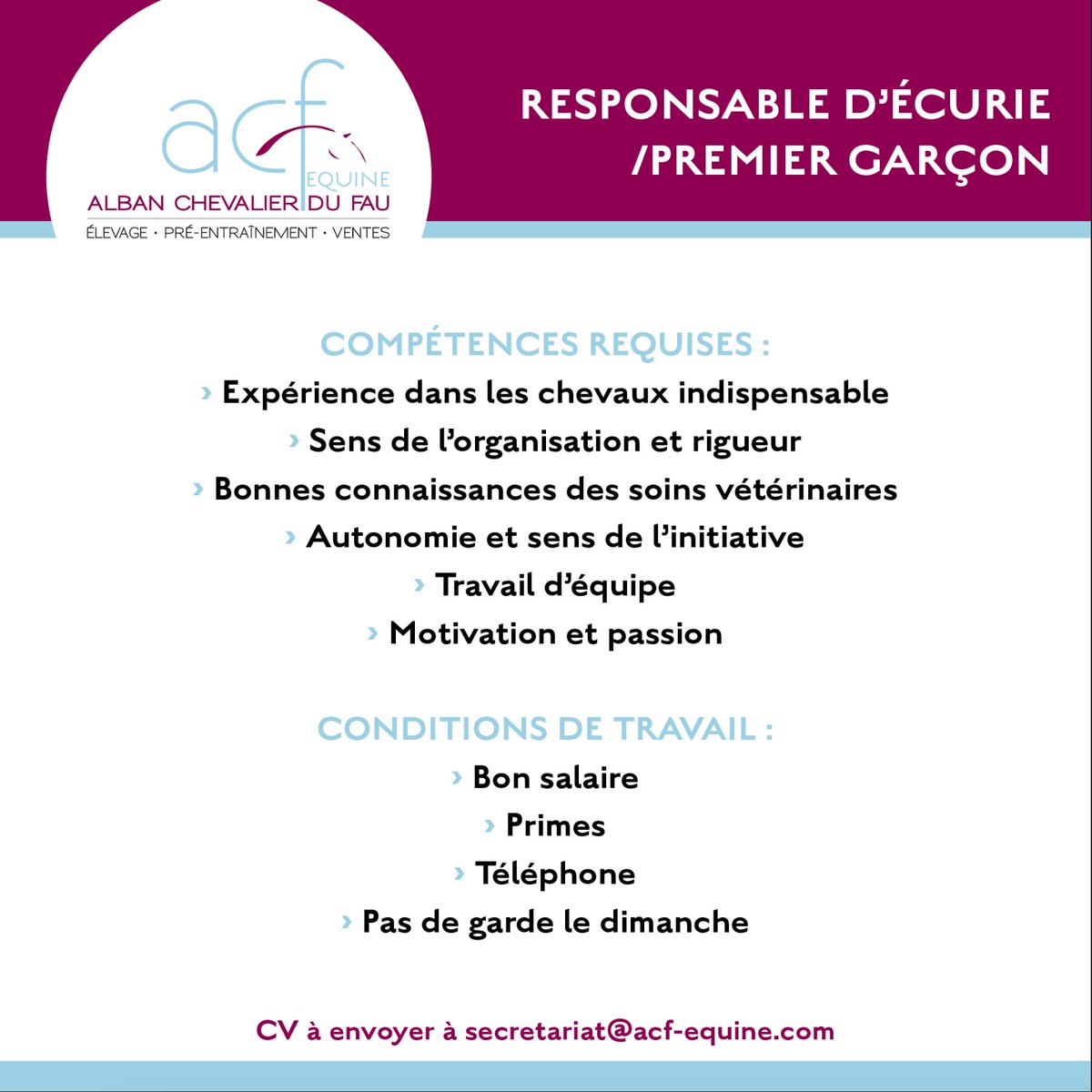 TCC_AcfEquine's tweet photo. [OFFRE D'EMPLOI] ✨ Centre privé de pré-entraînement familial localisé à 10min d'Angers, ACF Equine recherche son ou sa RESPONSABLE D'ECURIE.
Missions attractives et bonnes conditions de travail.  
📩 CV à envoyer à secretariat@acf-equine.com https://t.co/QuN5dslTcv