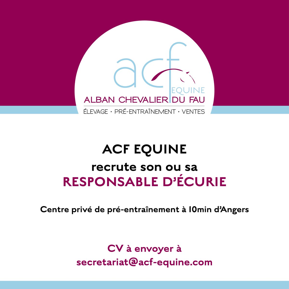 TCC_AcfEquine's tweet photo. [OFFRE D'EMPLOI] ✨ Centre privé de pré-entraînement familial localisé à 10min d'Angers, ACF Equine recherche son ou sa RESPONSABLE D'ECURIE.
Missions attractives et bonnes conditions de travail.  
📩 CV à envoyer à secretariat@acf-equine.com https://t.co/QuN5dslTcv