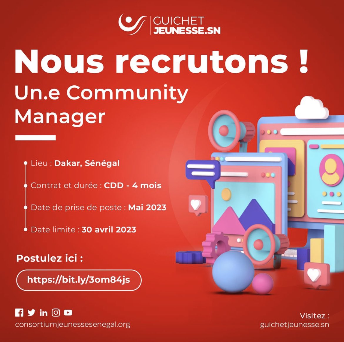 Guichetjeunesse's tweet photo. 📣 𝐎𝐅𝐅𝐑𝐄 𝐃’𝐄𝐌𝐏𝐋𝐎𝐈
Le @CjsSenegal recrute un Community Manager - Expert.e animation et engagement réseau dynamique et créatif-ve.
 
🚀𝑷𝒐𝒖𝒓 𝒑𝒐𝒔𝒕𝒖𝒍𝒆𝒓, 𝒓𝒆𝒏𝒅𝒔-𝒕𝒐𝒊 ici 👉 https://t.co/5SKcQKQfT5 

#bok #jang #ligeey  #guichetjeunesse https://t.co/rVOaaqRpN4