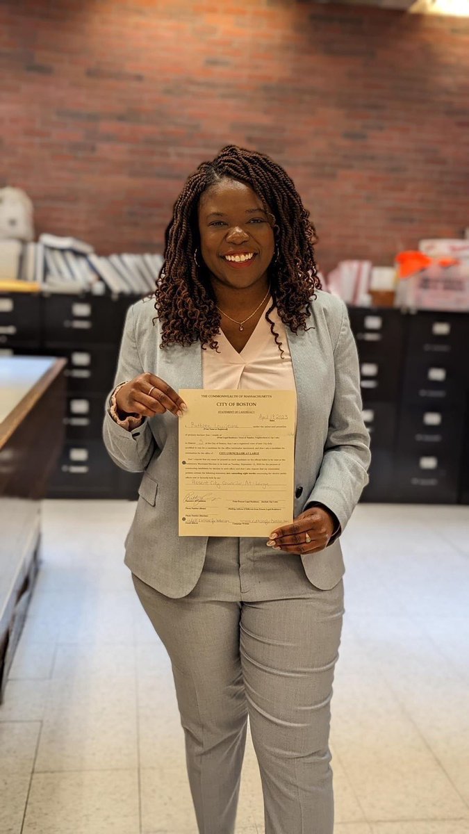 Ruthzee's tweet photo. Yesterday, I filed papers for my re-election as your At-Large City Councilor! Time flies when you’re doing the people’s work.

It’s been an honor fighting alongside all of you to push for progress in Boston.

Look forward to earning your vote this year. Here we go!  💪🏿 #bospoli https://t.co/Tjk3M0PyAW