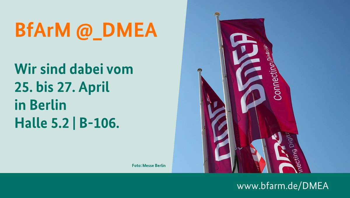 bfarm_de's tweet photo. BfArM @_DMEA: Wir wollen die Chancen der Digitalisierung für die Gesundheitsversorgung nutzen. Woran wir arbeiten erklären wir gerne im Gespräch bei der #DMEA23 an unserem Stand in Halle 5.2 | B-106: https://t.co/lliMZYe6Wb. #bfarmDigitalFuture #DigitalHealth #DMEA2023 #DMEA23 https://t.co/6tQxF5bFyI