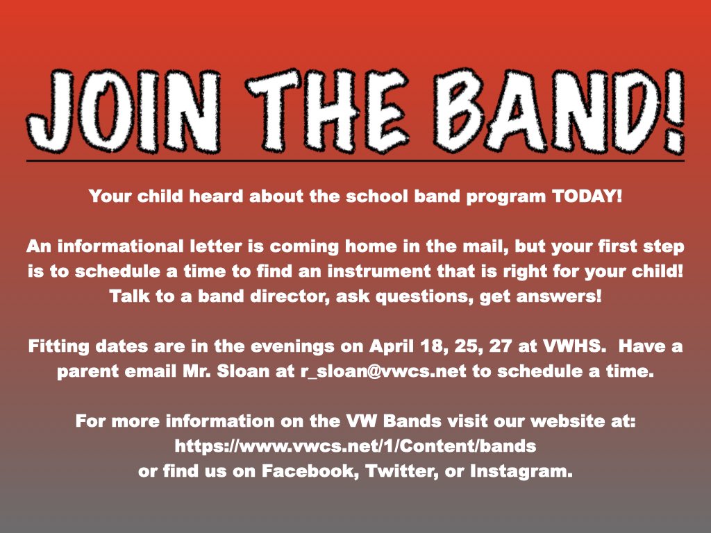 vwbands's tweet photo. When is a good time to join band??
NOW!!!
Scheduling beginner fittings for next week! Email Mr Sloan to schedule a time!
#JoinBand https://t.co/PwhoN0qzDc