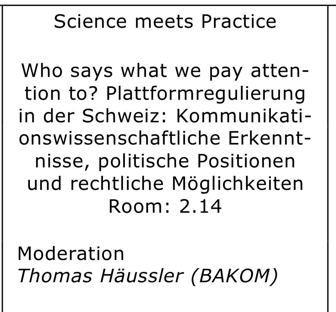 Um 15:15 Uhr geht es los an der #SGKM2023 mit der Diskussionsrunde zu Plattformregulierung mit @rahel_estermann @DjonovaIvette @hannesgassert @noemifestic @SPedrazzi moderiert von Tom Häussler (BAKOM).