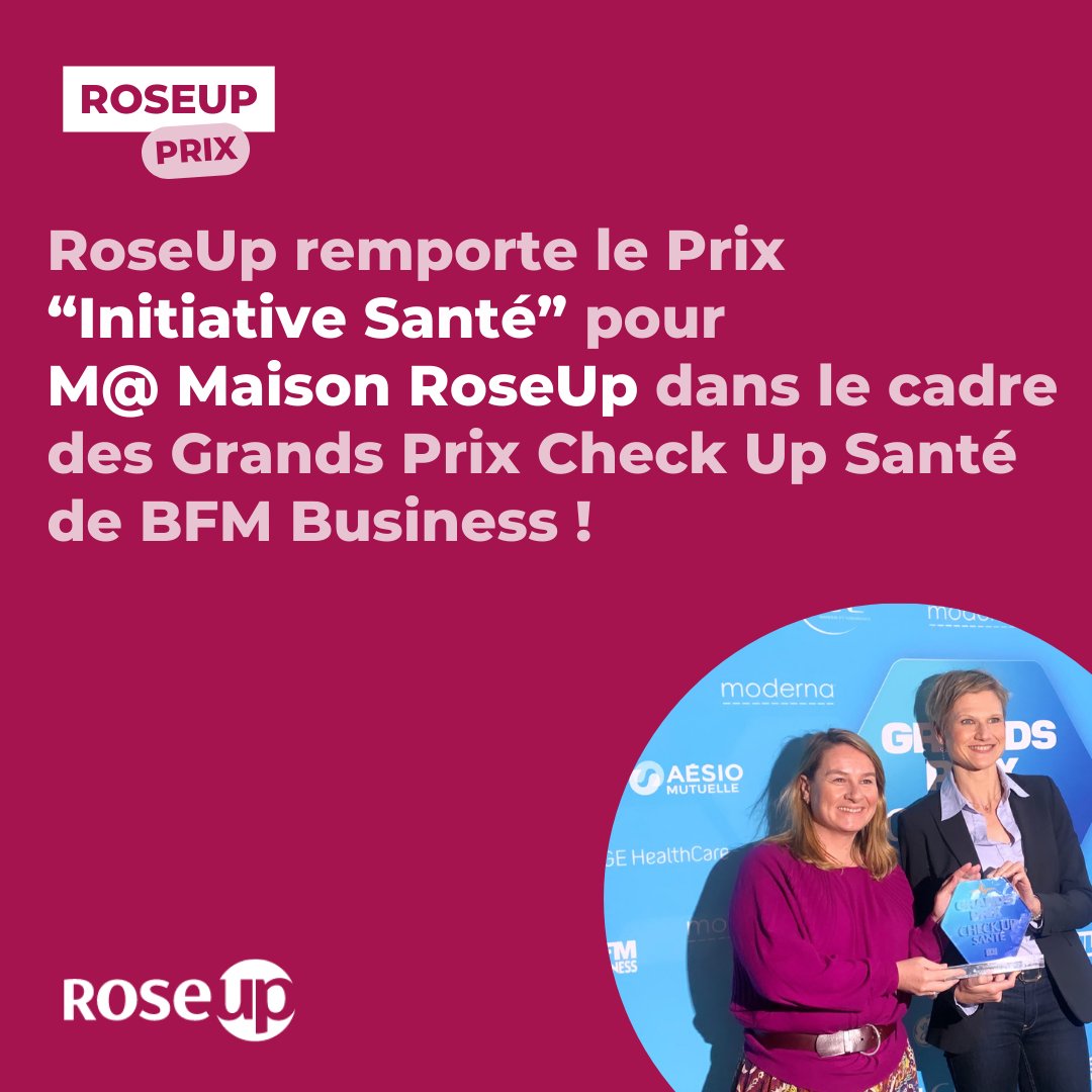 RoseUpAsso's tweet photo. @RoseUpAsso est fière d'avoir remporté le #Prix "Initiative santé" pour M@ Maison RoseUp ds le cadre des Grands Prix Check Up Santé de @bfmbusiness !

ℹ Pour en savoir plus sur M@ Maison RoseUp : https://t.co/MLuyCnEJm4

#RoseUpEstLà #cancer #checkupsante https://t.co/ehMzmgbTt0