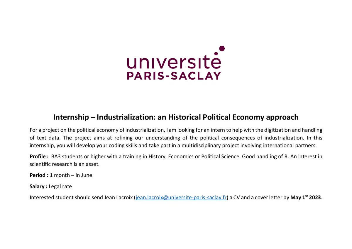 JeanLacroixEcon's tweet photo. With @KornTob, we are recruiting a research assitant for May/June. The objective is to help us with the data for a project on the political economy of industrialization. Feel free to DM if you have any question. 

The offer 👇 https://t.co/vovsru2w8r