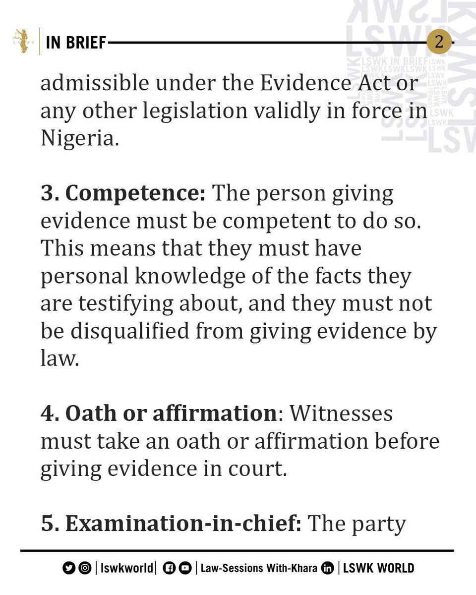 lswkworld's tweet photo. #LSWKInBrief: Rules For Tendering Evidence
•
The Evidence Act of 2011 outlines the rules for tendering evidence in court.
••••
#LSWK #InBrief #Legal #Law #Khara #HTHEXIII #LSWKWorld #Nigeria https://t.co/VCBOUKx5pd