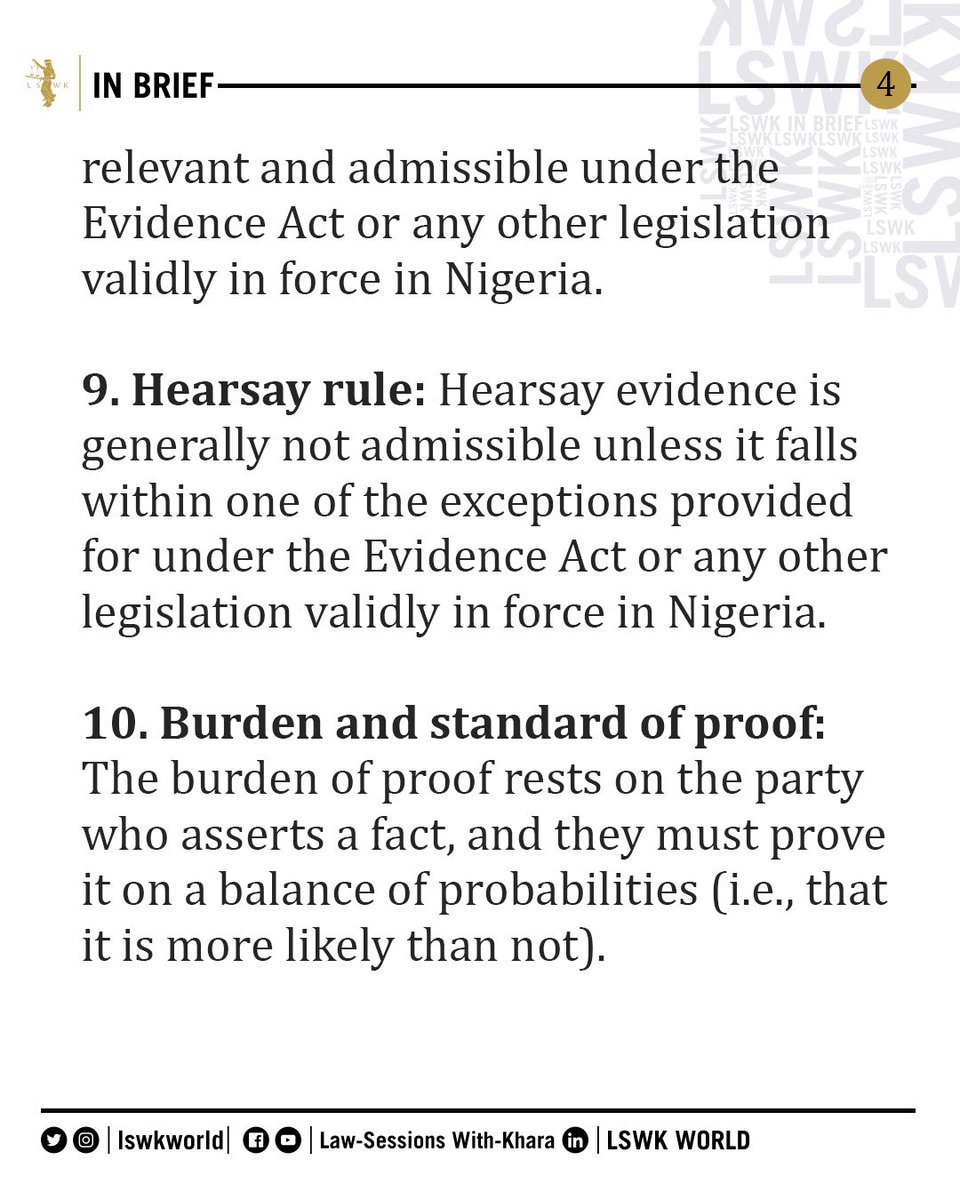 lswkworld's tweet photo. #LSWKInBrief: Rules For Tendering Evidence
•
The Evidence Act of 2011 outlines the rules for tendering evidence in court.
••••
#LSWK #InBrief #Legal #Law #Khara #HTHEXIII #LSWKWorld #Nigeria https://t.co/VCBOUKx5pd
