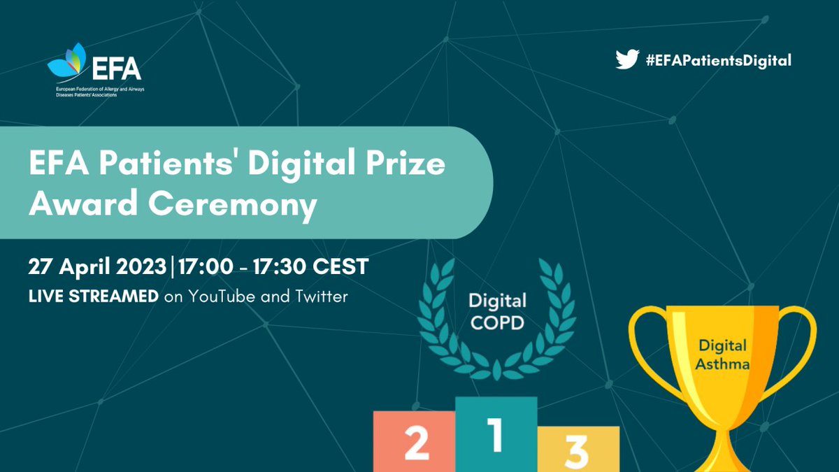The #EFAPatientsDigital Awards are approaching! 🎊

Stay tuned to discover the best healthcare innovations designed with and for #COPD &amp; #asthma patients!

Register online to our event:
👉bit.ly/3UQwBJR