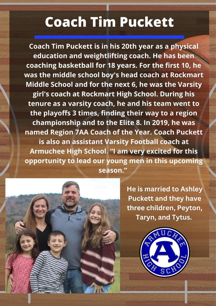 ArmucheeHigh's tweet photo. Join us in congratulating our new head boys basketball coach, Tim Puckett! https://t.co/goOOWEZTEO
