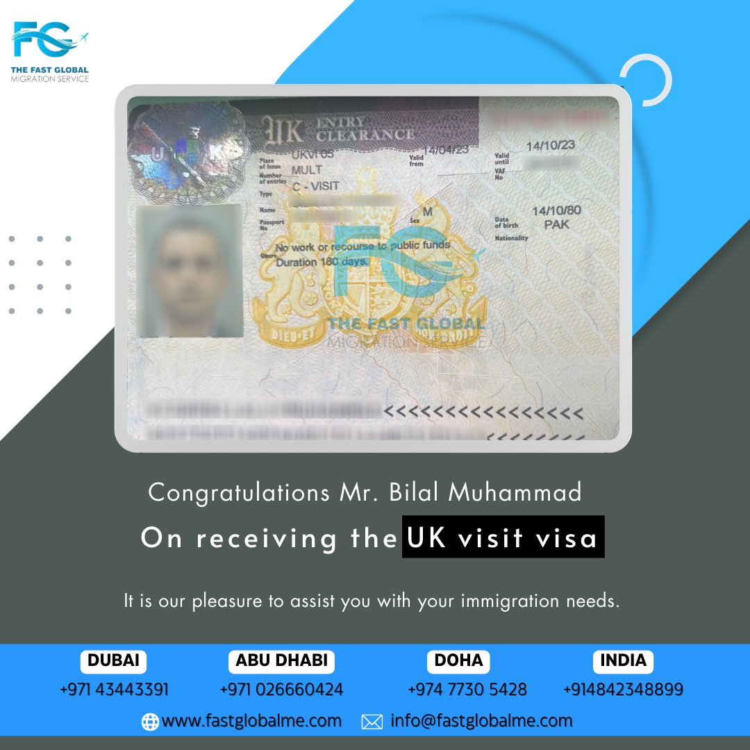 🎉 Exciting news! 🎉 Another satisfied client just received their UK Visit visa!

We're thrilled to have helped Mr. Bilal Muhammed successfully navigate the visa application process and make their travel dreams a reality. 🌎✈️🇬🇧

#UKvisitvisa #immigrationservices #satisfiedclient