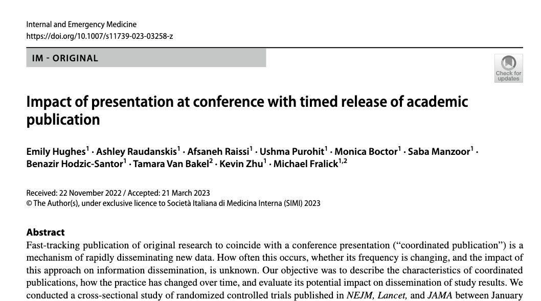 What happens when an RCT is timed to be published w/ a conference presentation? They end up with a lot more attention: higher <a href="/altmetric/">Altmetric</a> score and 20 more citations compared to RCT in same journal w/o time presentation! Congrats to <a href="/emmy_hughes/">Emily Hughes</a> for leading this work!! 1/3