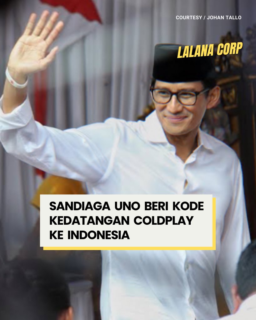 lalanacorp's tweet photo. Lewat postingan Instagram pribadinya yang telah dihapus, @sandiuno sempat memberikan ‘kode’ kedatangan @coldplay ke Indonesia. Semoga beneran jadi ya guys 🥹 [📸 : Johan Tallo]
-
#LLNCORP https://t.co/kF6QV3lvb8