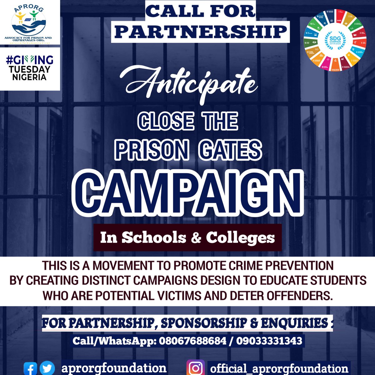 aprogfoundation's tweet photo. #anticipate 
CLOSE THE PRISON GATES CAMPAIGN

This is a movement to crime prevention by creating distinct campaigns design to educate students who are potential victims and deter Offenders.

#aprorg #closetheprisongate #campaign #callforpartners #collaboration https://t.co/dYldPavH6e