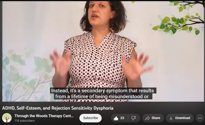 539 views  22 Mar 2021
ADHD series part 4: Low self-esteem isn't a symptom of ADHD, but it is a common co-occurring phenomenon.  In this video, I discuss why that is, and how it's related to "Rejection Sensitivity Dysphoria".

More videos in this series:
-ADHD: A Personal Story -   

 • ADHD: A Personal ...  
-5 Ways That ADHD is My Superpower -   

 • 5 Ways That ADHD ...  
-ADHD and Missing the Memo -   

 • ADHD and Missing ...  

Please visit our website: http://www.throughthewoodstherapy.com

To schedule an appointment, please contact us by phone at 818-284-6663 or by email at contact@throughthewoodstherapy.com.