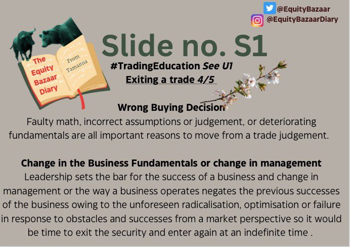 EquityBazaar's tweet photo. When is the right time to exit a trade? And even more importantly, what are the right reasons? The fundamentals behind exiting a trade on slide S1 here, the reasons listed on slide U1 (below) https://t.co/w9CYjeIkoW
