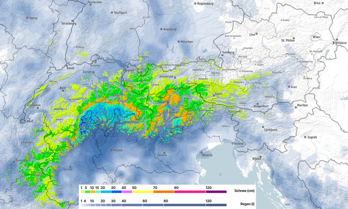 LanderVanTricht's tweet photo. Een #occlusiefront en koude lucht vanaf het noordoosten zorgt vandaag en morgen weer voor #sneeuw in de #Alpen. Morgen vooral sneeuw in Lombardije - Piemonte - Ticino, en dat is goed nieuws voor het droge stroomgebied van de #Po-vlakte. https://t.co/Sm0WA7Uhah