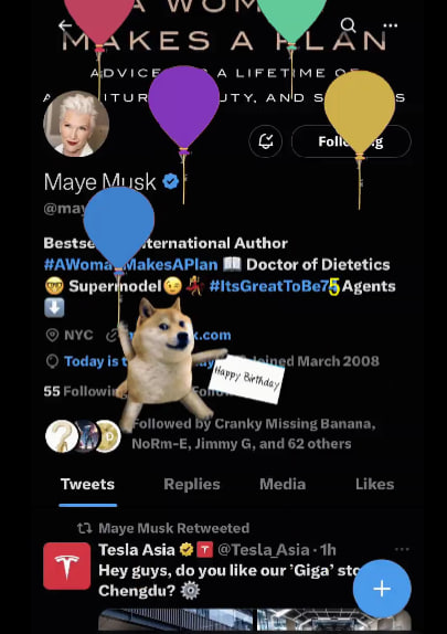 Happy 75th birthday!🎉🎊💓 @mayemusk
 #ItsGreatToBe75 #Dogecoin