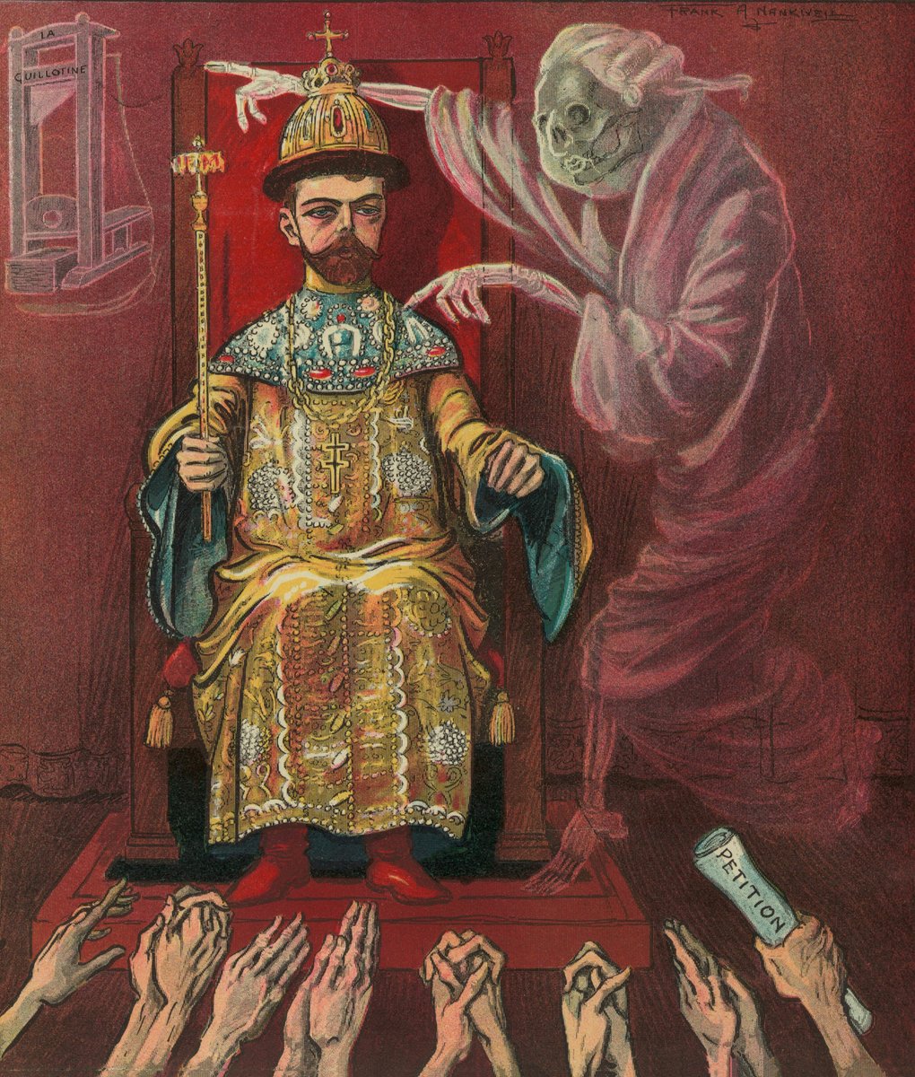 Puck magazine illustration from 1905 showing the ghost of Louis XVI warning Tsar Nicholas II to heed the pleas of his subjects lest he too should suffer 'La Guillotine'.