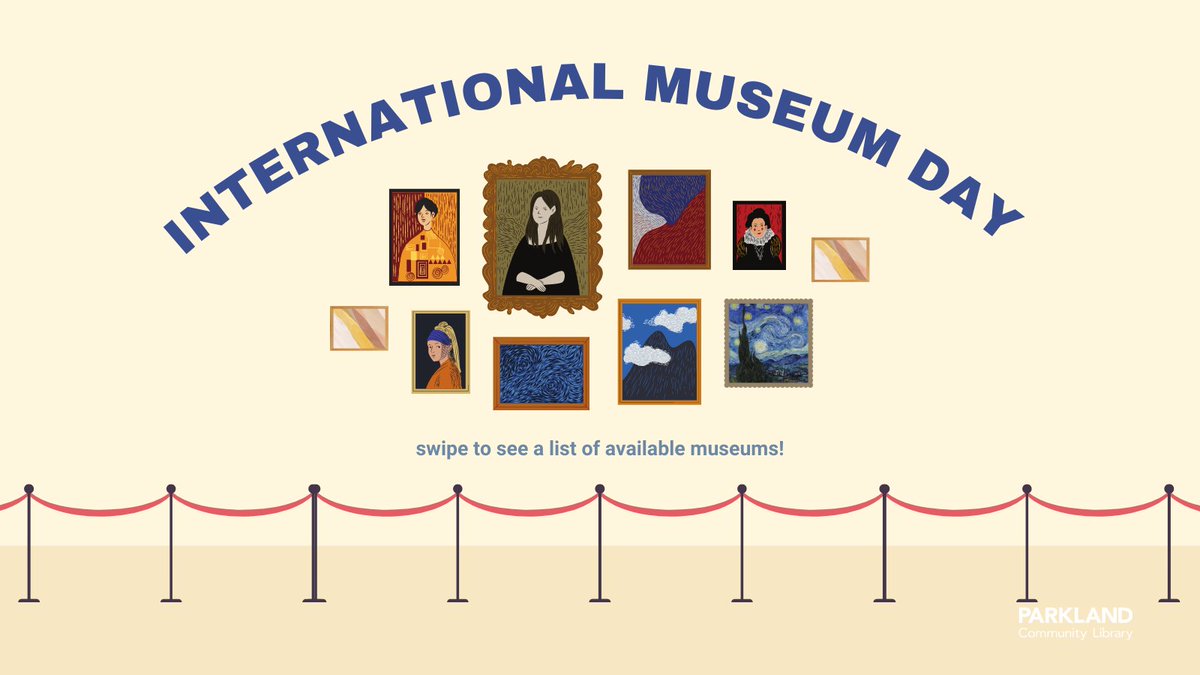 parklandcommlib's tweet photo. May 18th is International Museum Day! Place a hold on one of PCL's thirteen different museum passes available for free with your library card!

View our collection of museum passes: https://t.co/lFIUTXlrNz

#parklandcommunityllibrary #museumday #visitthemuseum #freemuseum https://t.co/uguWzzCR8S