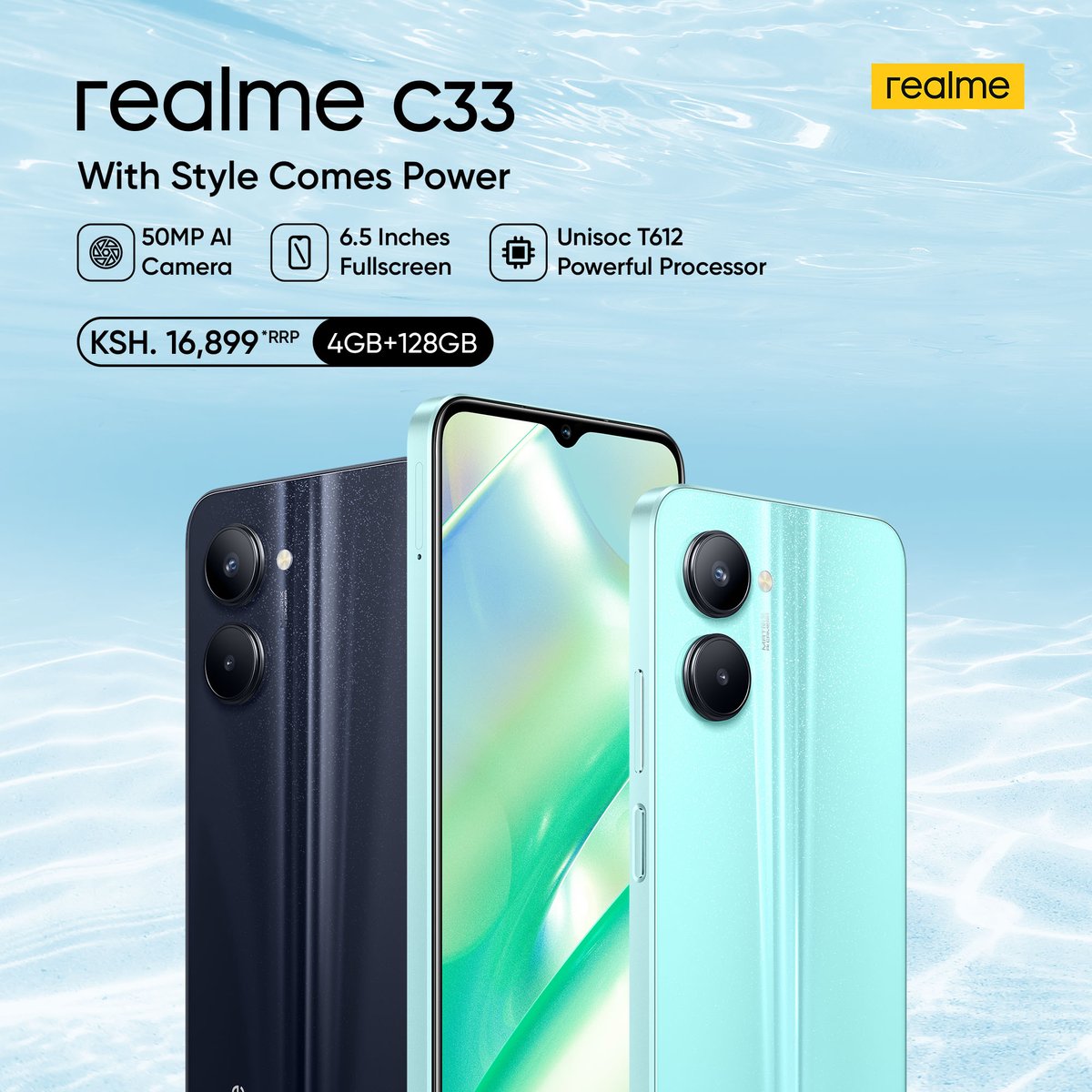 realmeKenya's tweet photo. The long wait is over! #realmeC33 (4GB+128GB) is now available countrywide at Ksh. 16,899/- RRP. Get your hands on this beauty today at any realme branded store today.

#WithStyleComesPower #realmeC33 #LargeStorage https://t.co/lvrFJG6hxL