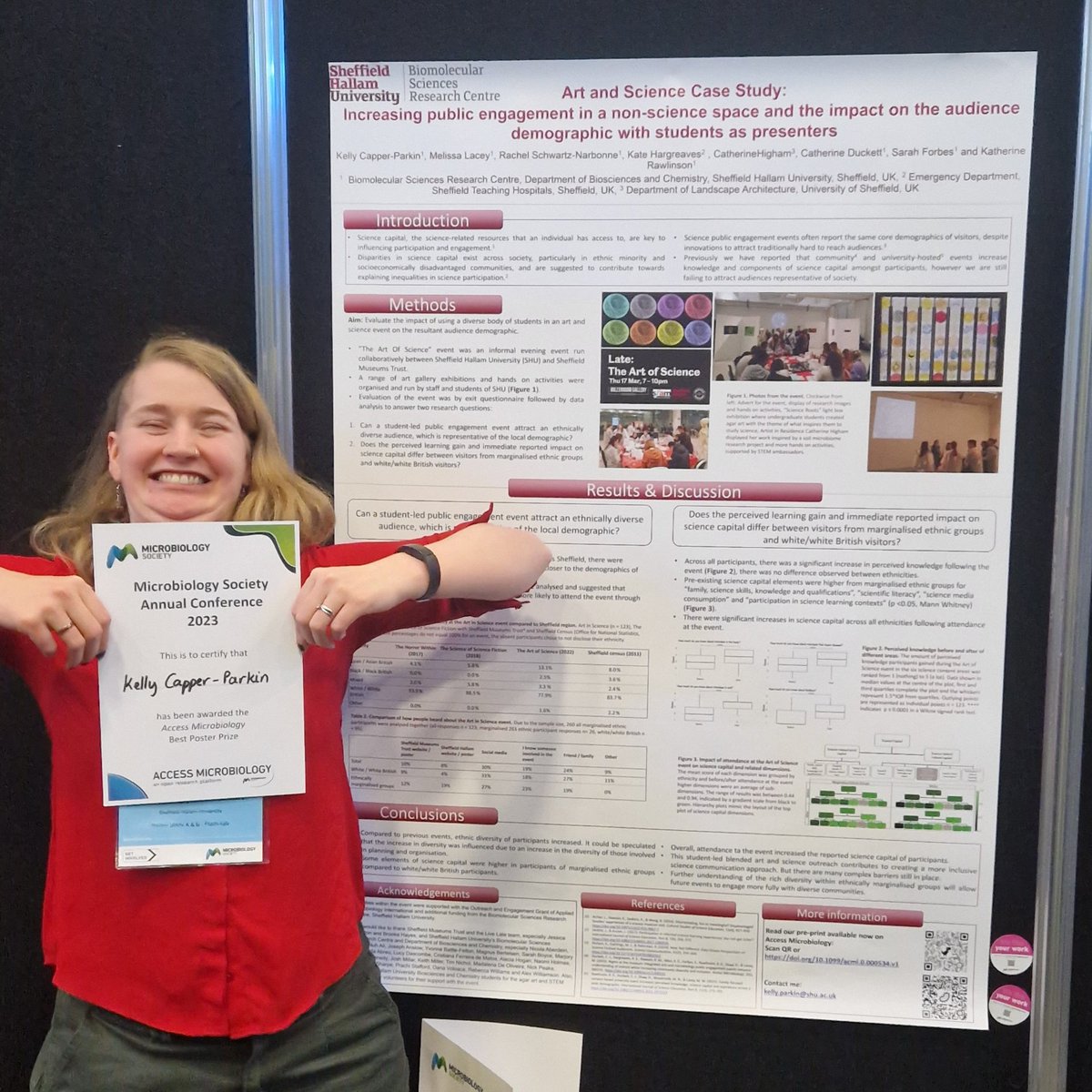 Huge congratulations and super proud of the wonderful 
@kelly_beanzzz
 for winning the 
@MicrobioSoc
 #AccessMicro conference prize at #Microbio23 for her great poster all about her Art in Science public engagement event. 
@SHUOutreach
@CatherineHigham
@I2riShu 
@SheffMuseums