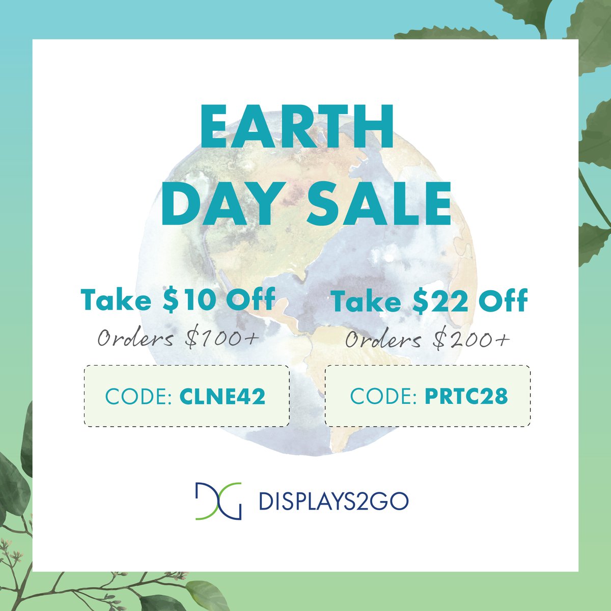 Displays2goUS's tweet photo. Earth Day FLASH SALE! πππΏ From now until April 22nd, use code CLNE42 for $10 off orders $100+ or code PRTC28 for $22 off orders $200+. Shop now at https://t.co/jHo6f3A5CX & celebrate Earth Day with us! ποΈπ
#EarthDaySale #SustainableChoices #ProtectOurPlanet #Displays2Go https://t.co/vtkji7V5ze