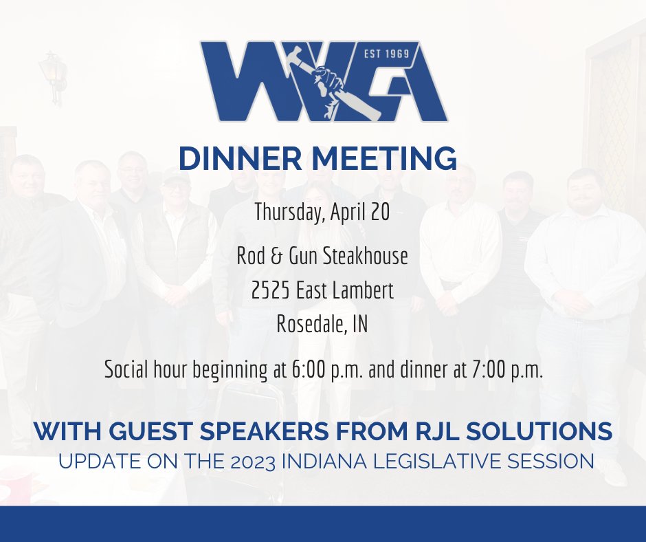 Hey, WVCA members, the date you all circled on your calendars is finally here! We’ll be at Rod & Gun Steakhouse for our bimonthly Dinner Meeting tonight.

Reminder: social hour begins at 6pm and dinner at 7pm. See you there!

#WVContractors #WVCA #WabashValley #UnionConstruction
