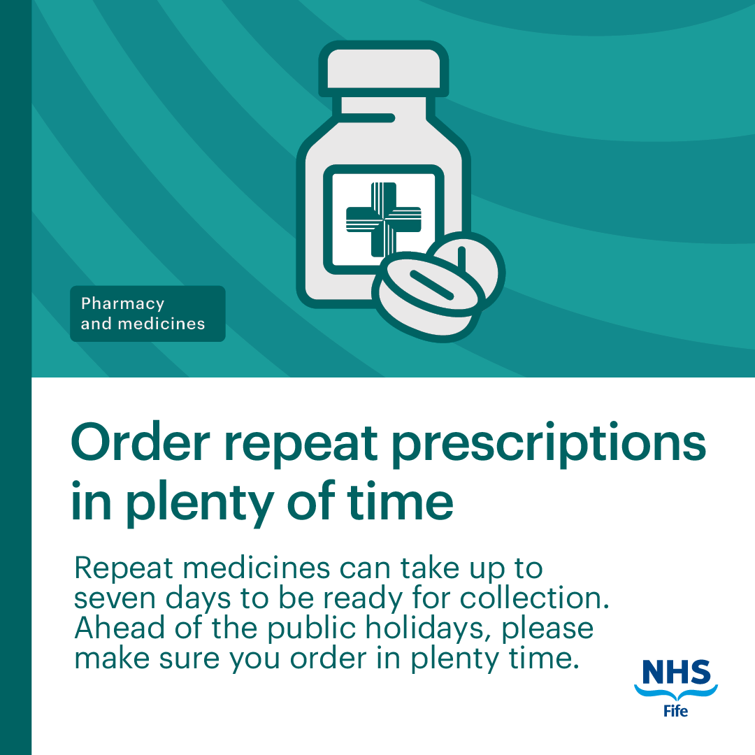 nhsfife's tweet photo. A number of pharmacies will be closed over the upcoming public holidays on the 1st and 8th of May. If you rely on repeat medications, please make sure you order in plenty of time as they can take up to seven days to be ready for collection. https://t.co/bT80lRrL9j https://t.co/0pNg9BGwzs