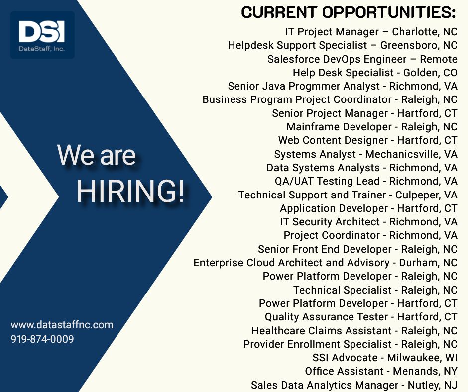 DataStaff's tweet photo. Happy Thursday! We have many great opportunities to share with you this week.

Click on this link for complete job descriptions and to apply:
https://t.co/XwMx7EoCMF

Call DataStaff directly at 919-874-0009.

#hiring #jobs #remote https://t.co/zGTXAphHEL