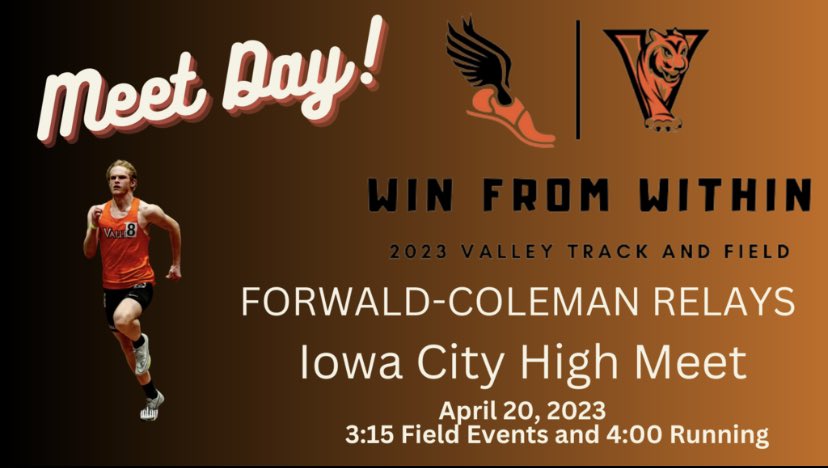 ValleyXCTF's tweet image. Meet Day at Iowa City High School! Bus leaves at noon. Field events 3:15 and running 4PM #tigertough #winfromwithin