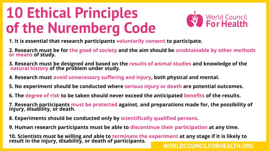 FreeWCH's tweet photo. Sadly, every one of the Nuremberg Code’s principles have been broken since 2020.

The WCH calls for a renewed commitment from all governments, medical professionals, pharmaceutical companies, and research institutions to respect and uphold the principles of the Nuremberg Code. https://t.co/U4YuMb9Zmg