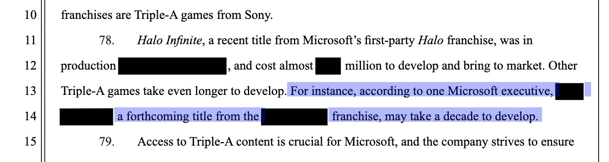 Redacted excerpt stats: "For instance, according to one Microsoft executive, REDACTED, a forthcoming title from the REDACTED franchise, may take a decade to develop"