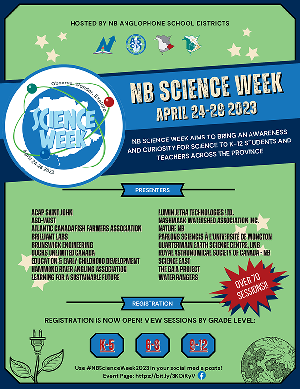 ASD_West's tweet photo. NB Science Week #NBScienceWeek happens NEXT WEEK, April 24-28! Teachers are advised to register for any of these virtual sessions:
K-5:  https://t.co/zEy7IsOewN
6-8:  https://t.co/Ig4aMW7wgW
9-12: https://t.co/HUeSW1pOMi https://t.co/pNxUjhGU7u