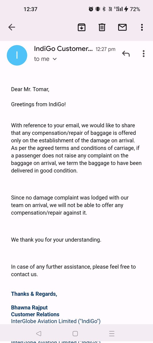 stomar262's tweet photo. @IndiGo6E @DGCAIndia @jagograhakjago On 31st Mar'23. I was traveling from Shirdi to Delhi in Indigo flight number 6E 4249. My PNR number was WWIBVS. In this flight my brand new luggage bag got damaged due to miss handing by Indigo staff. https://t.co/XSWMOPEuMl