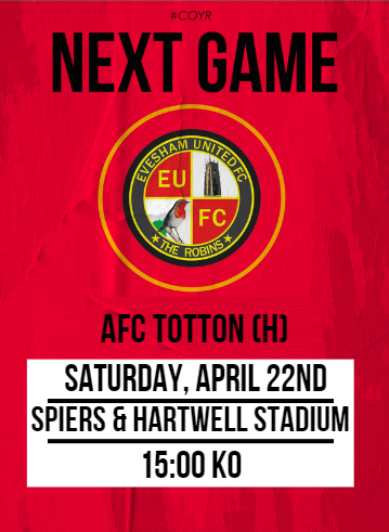 EveshamUnitedFC's tweet photo. This is it.

A gruelling season of triumphs and heartache comes down to one game on Saturday.

This decides whether we make it to the playoffs.

🆚 @AFCTotton 
⏰ 15:00 KO
🏟️ Spiers &amp; Hartwell Stadium
🎫 Tickets available on the gate

Make sure to come down and watch!

#TheRobins https://t.co/M7CGJnnmG1