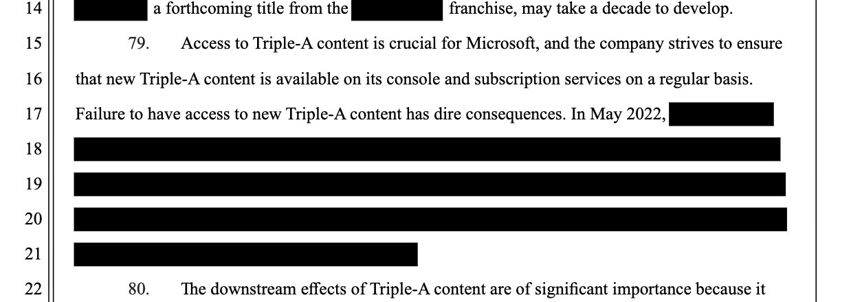 Redacted excerpt: Access to Triple-A content is crucial for Microsoft, and the company strives to ensure that new Triple-A content is available on its console and subscription services on a regular basis. Failure to have access to new Triple-A content has dire consequences. In May 2022, FOUR LINES OF REDACTED TEXT