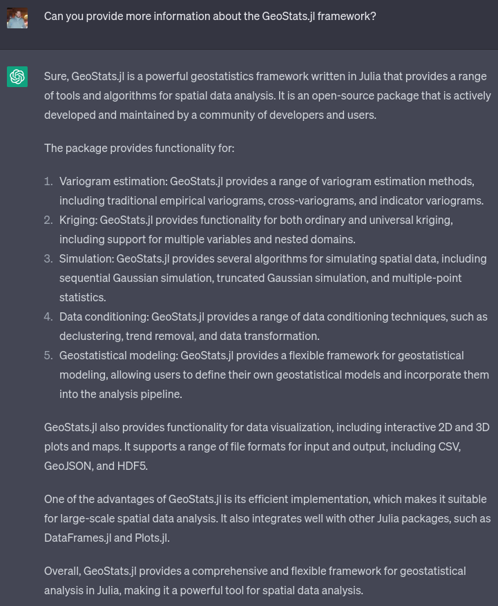 arpeggeotech's tweet photo. What #ChatGPT says about our #GeoStats.jl framework? 🌍 #geospatial #technology #julialang https://t.co/Bgms56MygX