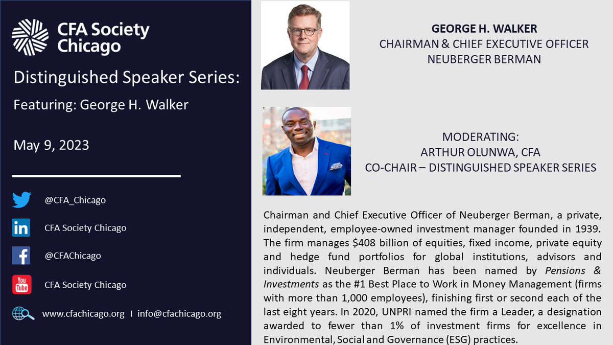 Join us for an engaging conversation with George Walker, Chairman and CEO of Neuberger Berman, to discuss his firm’s investing philosophy, his opinions on ESG practices, and other insights he may offer about the future of investments. ow.ly/zI0W50Ns1Ey