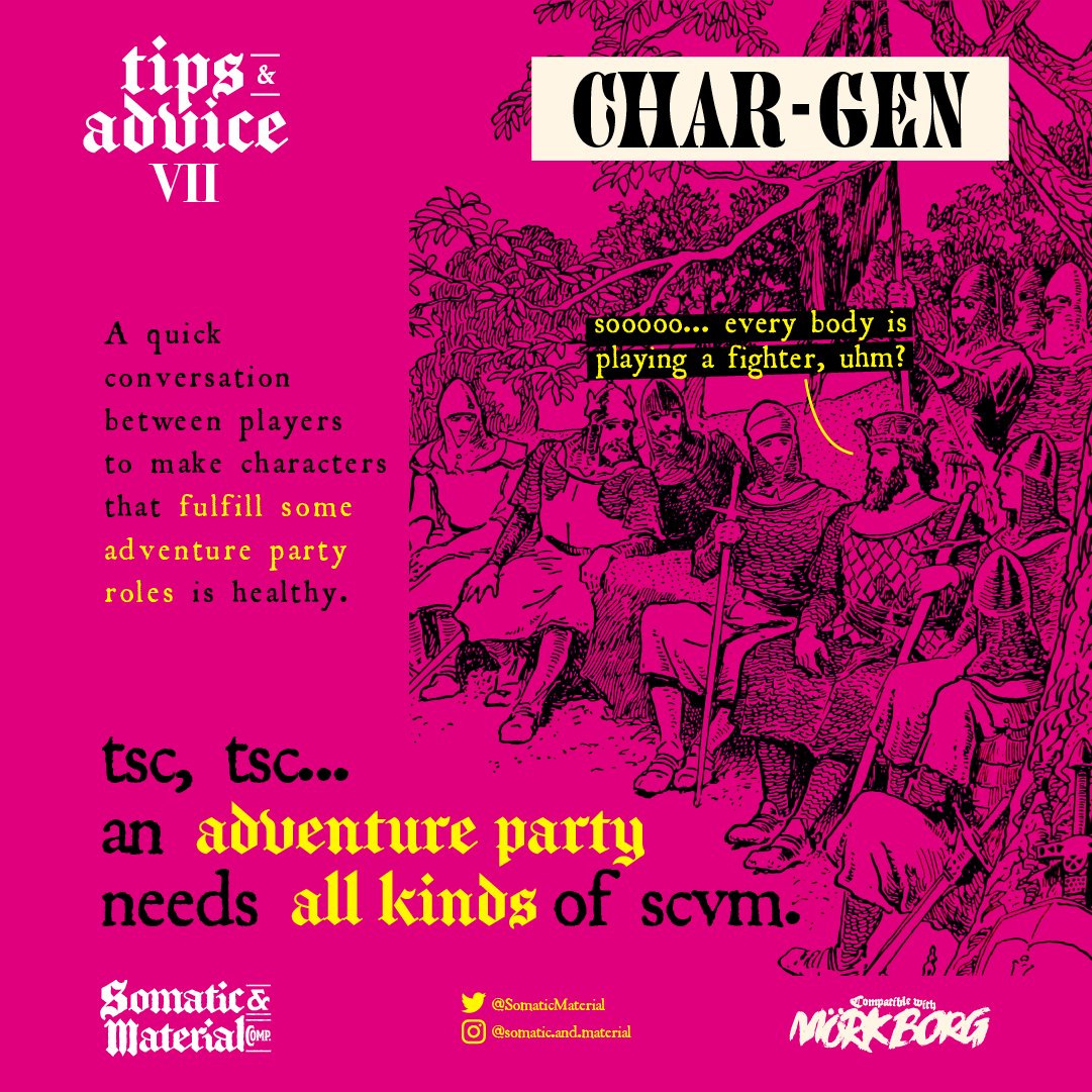 #MorkBorg #osr #tips and #advice VII
(#Chargen) Diversify the #characters: A quick conversation between the #players in order to create characters that fulfill party roles is healthy.
.
#rpg #ttrpg #ttrpgcommunity #ttrpgfamily #TTRPGRising #TTRPGs