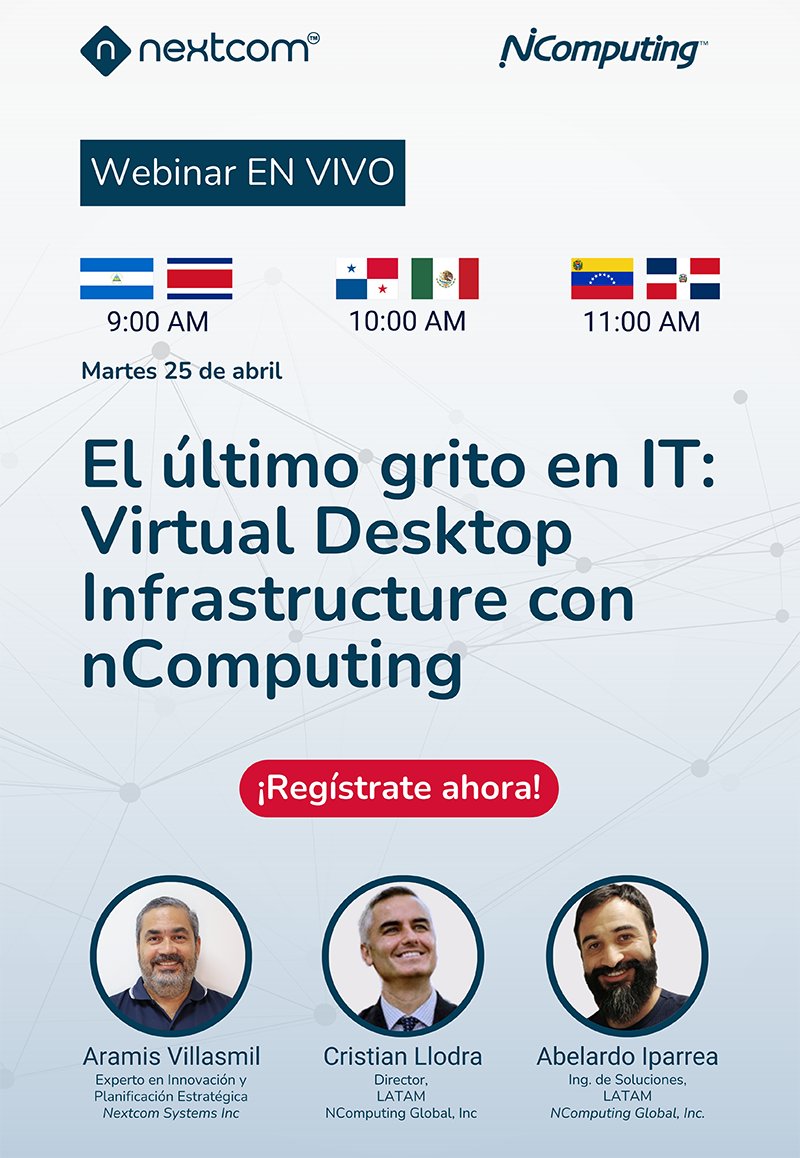 nextcomsystems's tweet image. Te invitamos este martes 25 de abril a nuestro WEBINAR, el último grito en IT: Virtual Desktop Infrastructure con nComputing

Regístrate gratis en el siguiente enlace 👉 bit.ly/3KUEpp6

#nComputing #Nextcom #webinar #gratis