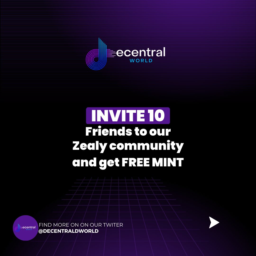 📢 Invite 🔟 friends to our Zealy community and get FREE mint.
👉 Invite an additional 🔟 to discord and participate in crypto token AIRDROP 🤑

Don't let the amazing rewards miss you out!
Join us now 👉 zealy.io/c/decentralwor…

 #NFT #CRO #Crofam #Aptos #Arb #Crypto #NFTgiveaway