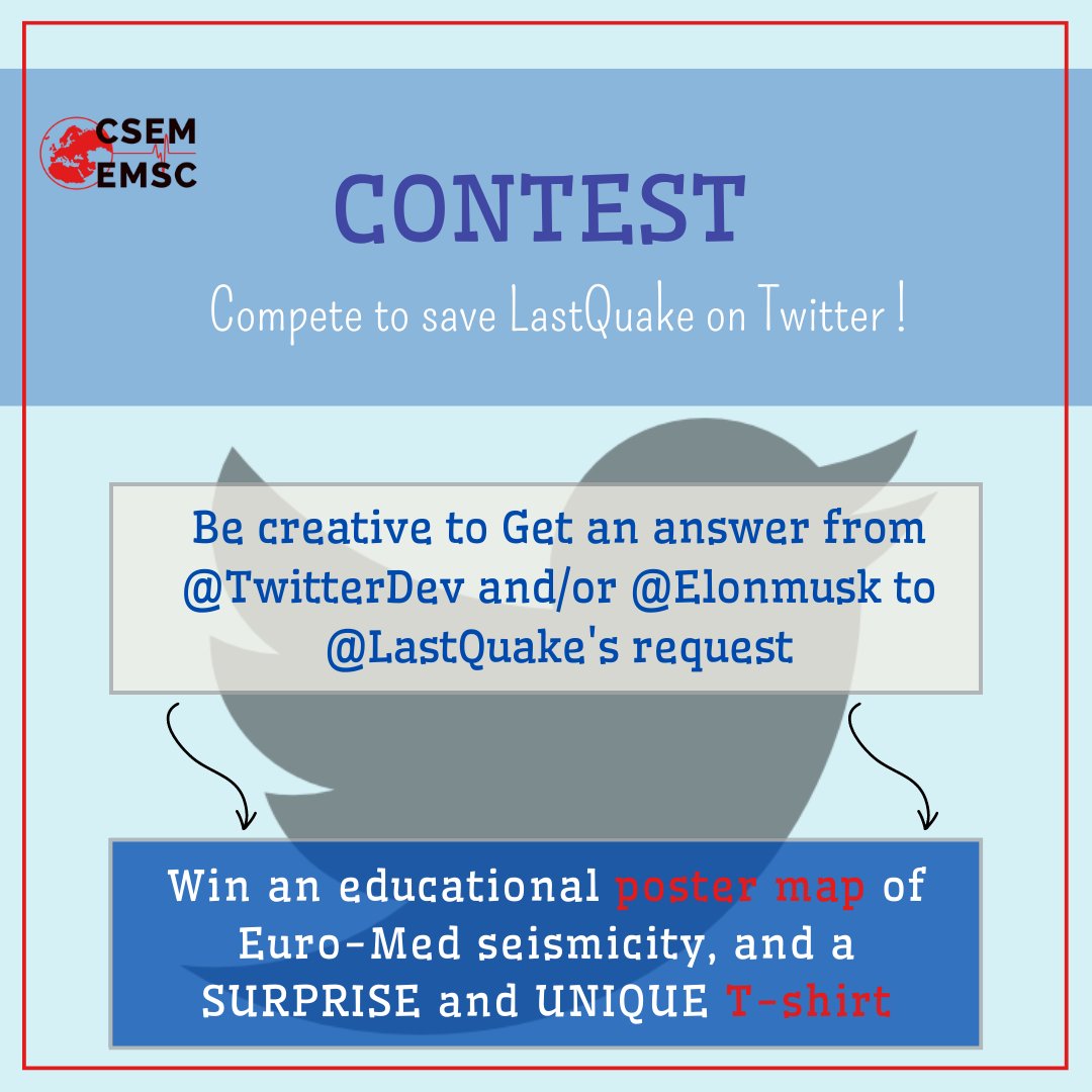 LastQuake's tweet photo. CONTEST & PRIZES! π₯
@TwitterDev announced that automated tweeting will no longer be free. β οΈ
We need YOUR help to maintain our services, compete to get an answer from @TwitterDev and/or @Elonmusk to @LastQuake's request for an API free exemption.
Check out the prizes ππ https://t.co/3XIeaCSHUU