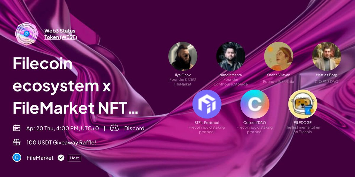 Filedogetoken's tweet photo. We’re pleasured to be invited as speakers to participate in the "Filecoin ecosystem x FileMarket NFT collection" held by @FileMarket_xyz 

⏰ April 20 Thu, 4:00PM (UTC+0)
✅Venue : https://t.co/f0sm1Kb9Ay
More details 👇
https://t.co/m6qTo1Giw7
📌Join to know more
@Filecoin https://t.co/cJMwUTCElI