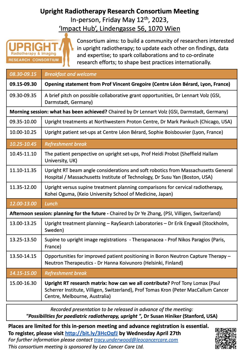 Interested in research around Upright Radiotherapy? 
There is still time to sign up for our in-person consortium meeting. Places in the room are limited, so it's worth registering as soon as possible at: bit.ly/3HcOqfJ
Registration closes next week