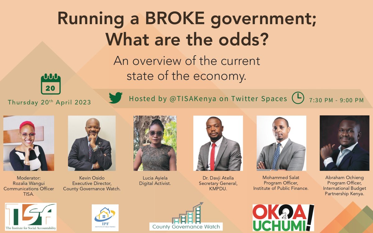 TISAKenya's tweet photo. Join us @ 7:30PM as we decipher the WHY, HOW and the WHAT NEXT on matters state of π°πͺ ECONOMY. With @Ayielar @KevinOsidoEsq @Davji @Mohamed_Salat07 @abrahamochieng moderated by @quikaranja. Click to set a reminder https://t.co/Dh4vJB02kd #SOTE #Jihusishe #MakingServicesWork https://t.co/bS5YnTovIw